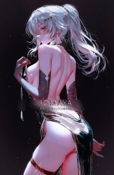 Rule 34 | 1girl, adjusting clothes, alternate costume, back, backless dress, backless outfit, bare shoulders, black background, black dress, black gloves, closed mouth, commentary, dress, elbow gloves, from side, gloves, grey hair, hand up, highres, honkai: star rail, honkai (series), long hair, looking at viewer, looking to the side, nixeu, no panties, pelvic curtain, ponytail, red eyes, solo, stelle (honkai: star rail), thigh strap, trailblazer (honkai: star rail)