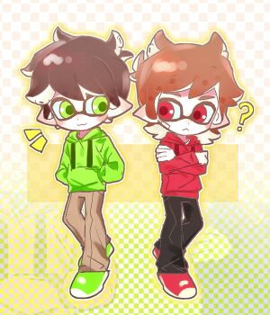 Rule 34 | 2boys, :3, ?, alternate species, animification, antenna hair, bandage on cheek, black pants, blush, brown hair, brown pants, crossed arms, deformed, drawstring, edd (eddsworld), eddsworld, eye contact, flipped hair, full body, green eyes, green hoodie, green shoes, hair behind ear, hair ears, hands in pockets, highres, hood, hood down, hoodie, inkling, long sleeves, looking at another, male focus, multiple boys, pants, pointy ears, red eyes, red hoodie, red shoes, shoes, short hair, smile, sneakers, splatoonification, standing, swept bangs, tord (eddsworld), yunian77