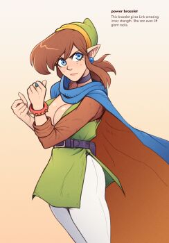1girl angry belt blue_eyes breasts brellom brown_hair choker cleavage cloak ear_piercing earrings english_text eyelashes freckles genderswap genderswap_(mtf) highres jewelry large_breasts leggings link looking_at_viewer nintendo piercing pointy_ears ring sidelocks simple_background solo standing the_legend_of_zelda wristband
