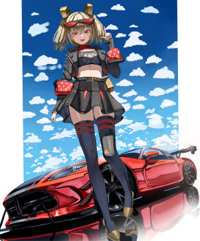 1girl absurdres black_jacket black_skirt black_sports_bra black_thighhighs blush brown_shoes burnice_white car eyewear_on_head hair_between_eyes high-waist_skirt high_heels highres irv_v12 jacket long_hair looking_at_viewer miniskirt motor_vehicle open_mouth pointing pointing_up red-tinted_eyewear red_eyes shoes skirt solo sports_bra teeth thighhighs tinted_eyewear twintails upper_teeth_only zenless_zone_zero