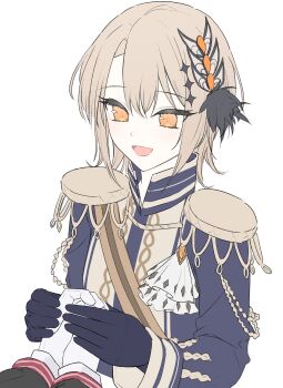 2girls :d absurdres black_gloves black_jacket blonde_hair commentary_request epaulettes gloves hasumi_leia highres holding_hands ise_dango jacket long_sleeves looking_at_another mahou_shoujo_no_majo_saiban multiple_girls nikaido_hiro open_mouth out_of_frame pov sash short_hair shoulder_sash simple_background smile solo_focus upper_body white_background white_gloves yellow_eyes