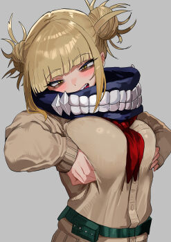 1girl absurdres belt blonde_hair blunt_bangs blush boku_no_hero_academia breasts breasts_squeezed_together brown_cardigan cardigan commentary_request double_bun fangs female_focus grabbing_own_breast grey_background hair_bun highres large_breasts long_sleeves looking_at_viewer medium_breasts neckerchief open_mouth red_neckerchief redrawn revision school_uniform serafuku short_hair sidelocks simple_background slit_pupils solo teeth toga_himiko upper_body utility_belt white_background yellow_eyes zd_(pixiv6210083)