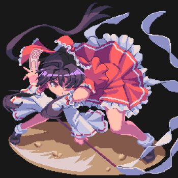 1girl between_fingers bow brown_eyes brown_hair brown_shoes commentary detached_sleeves english_commentary fighting_stance frilled_bow frilled_hair_tubes frilled_skirt frills full_body gohei hair_bow hair_tubes hakurei_reimu holding holding_gohei long_hair ofuda ofuda_between_fingers pixel_art potemki11 red_bow red_skirt ribbon-trimmed_sleeves ribbon_trim shoes skirt skirt_set socks touhou white_socks