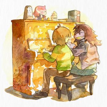 1girl 1other blue_pants book brown_hair brown_pants chalk character_doll closed_eyes colored_skin commentary deltarune doll english_commentary green_sweater grin highres instrument jacket kris_(deltarune) long_hair metronome music pants piano piano_bench playing_instrument playing_piano purple_jacket purple_skin shirt short_hair sitting smile striped_clothes striped_sweater susie_(deltarune) sweater utdr_(toby_fox) white_shirt wraith615