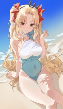 1girl blonde_hair breasts earrings ereshkigal_(fate) ereshkigal_(swimsuit_beast)_(fate) fate/grand_order fate_(series) hair_ribbon hashtag-only_commentary highres jewelry long_hair looking_at_viewer lunlun_exe red_eyes ribbon smile swimsuit tiara two_side_up