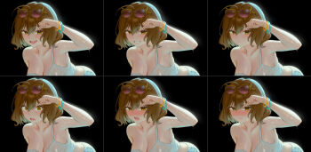 1girl 95_(jiuwujiang) @_@ ahoge anis_(nikke) arm_up blush bracelet breasts brown_hair camisole cleavage closed_mouth commentary embarrassed eyewear_on_head frown goddess_of_victory:_nikke hair_between_eyes jewelry large_breasts looking_at_viewer multiple_bracelets multiple_expressions multiple_views nose_blush open_mouth short_hair smile strap_slip sunglasses wet wet_clothes