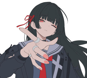 Rule 34 | 1girl, absurdres, arm cutout, black collar, black hair, black serafuku, chisa (wuthering waves), clothing cutout, collar, eyeliner, hair ribbon, highres, jewelry, long hair, looking at viewer, makeup, mole, mole under eye, multiple rings, neckerchief, nervi fd, one eye closed, red eyeliner, red eyes, red nails, red neckerchief, red ribbon, ribbon, ring, sailor collar, school uniform, serafuku, simple background, solo, upper body, white background, white sailor collar, wuthering waves