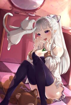 1girl absurdres alternate_costume alternate_hairstyle bare_shoulders blunt_bangs blush bra braid breasts cardigan cardigan_partially_removed cat cleavage collar commentary_request crown_braid dated detached_collar elf emilia_(re:zero) feet_out_of_frame hair_ornament hair_ribbon hands_up high_ponytail highres indoors justjast long_hair medium_breasts microskirt open_cardigan open_clothes open_mouth panties paw_pose pointy_ears ponytail puck_(re:zero) purple_bra purple_eyes purple_panties purple_ribbon purple_thighhighs re:zero_kara_hajimeru_isekai_seikatsu ribbon signature sitting skirt smile solo stuffed_animal stuffed_toy teddy_bear thighhighs thighs tile_floor tiles underwear white_cardigan white_collar white_skirt x_hair_ornament