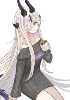 1girl :d absurdres aqua_eyes arknights bare_shoulders black_dress black_horns blonde_hair coffee collarbone commentary cowboy_shot diamond-shaped_pupils diamond_(shape) dress drink english_commentary grey_hair hair_over_one_eye highres holding holding_drink horns looking_at_viewer necrass_(arknights) one_eye_covered open_mouth ribbed_dress ribbed_sleeves simple_background single_sleeve_past_wrist sitting smile solo sweater sweater_dress symbol-shaped_pupils udo_(akn_otk) white_background