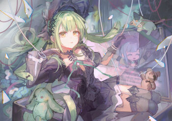 1girl absurdres animal_ears arknights bang_dream! bang_dream!_it&#039;s_mygo!!!!! black_bonnet black_dress black_gloves black_thighhighs bonnet box chinese_commentary chromatic_aberration commentary_request dress feet_out_of_frame floppy_ears glass_shards gloves gothic_lolita green_hair green_ribbon hair_ornament highres in_box in_container ju_za_jiang lolita_fashion long_hair long_sleeves looking_at_viewer mortis_(bang_dream!) mortis_(costume)_(bang_dream!) mortis_(persona)_(bang_dream!) open_mouth puppet_strings rabbit_ears rabbit_girl ribbon sidelocks sitting smile solo stuffed_animal stuffed_cat stuffed_rabbit stuffed_toy teddy_bear thighhighs wakaba_mutsumi wakaba_mutsumi_(marionette&#039;s_id) x_hair_ornament yellow_eyes