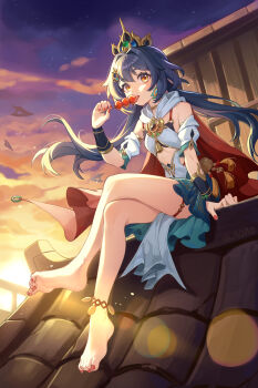 1girl absurdres anklet aoaoaoao_(baiyanheibing) artist_name bare_legs bare_shoulders barefoot black_bra black_bridal_gauntlets bloom blue_dress blue_hair bra bridal_gauntlets brooch brown_nails chinese_commentary choker clothing_cutout cloud commentary_request crossed_legs cutout_above_navel detached_sleeves dress eating feet fingernails floating_hair food gold_tiara hair_intakes hair_ornament highres holding holding_food holding_skewer honkai:_star_rail honkai_(series) jewelry legs lens_flare light_blush long_hair looking_at_viewer low_twintails multi-source_commentary on_roof open_mouth orange_eyes outdoors puffy_short_sleeves puffy_sleeves red_scarf scarf short_dress short_sleeves sitting_on_roof skewer solo sun sunrise tanghulu tassel teeth thigh_strap tiara toenails tongue tongue_out twintails underwear upper_teeth_only yellow_eyes yunli_(honkai:_star_rail)