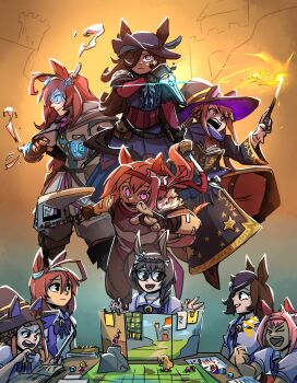>_< 5girls absurdres ahoge animal_ears assassin axe bandaid bandaid_on_arm bandaid_on_face barbarian battle_axe black_hair blue_eyes blue_tunic board_game braid brown_hair clenched_hand cloak closed_mouth commentary dagger dice dress dungeons_&amp;_dragons ear_covers ears_through_headwear english_commentary expressionless fingerless_gloves flower-shaped_pupils full_body gauntlets glasses gloves glowing glowing_eyes hair_over_one_eye haru_urara_(umamusume) hat highres holding holding_axe holding_dagger holding_dice holding_knife holding_wand holding_weapon horse_ears horse_girl horseshoe_ornament knife long_hair looking_at_viewer medium_hair mihono_bourbon_(umamusume) monk multiple_girls notebook pink_eyes pink_hair puffy_sleeves purple_sailor_collar rice_shower_(umamusume) sailor_collar school_uniform short_sleeves side_braid single_braid stupidyou3 sweep_tosho_(umamusume) symbol-shaped_pupils tracen_school_uniform tunic umamusume wand weapon witch witch_hat zenno_rob_roy_(umamusume)