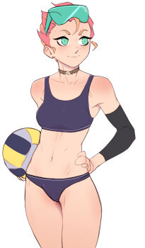 1girl amanda_o&#039;neill ball bare_shoulders blush breasts collarbone cowboy_shot detached_sleeves goggles goggles_on_head green_eyes hair_between_eyes highres holding holding_ball little_witch_academia medium_breasts navel orange_hair pudgeruffian short_hair simple_background smile