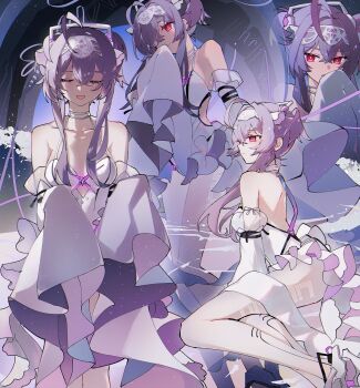 1girl closed_eyes commentary emmikn english_commentary goddess_of_victory:_nikke hairband highres jellyfish_girl leotard liberalio_(nikke) one_eye_closed open_mouth pantyhose purple_hair red_eyes solo white_hairband white_leotard white_pantyhose