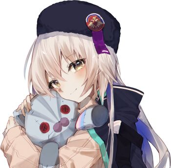 1girl blush brown_eyes brown_sweater button_eyes buttons charlotta_skopovskaya closed_mouth coat doll fur_hat grey_hair hair_between_eyes hat hat_ornament headphones heaven_burns_red highres holding holding_stuffed_toy hugging_object jacket long_hair long_sleeves looking_at_viewer papakha simple_background smile solo stuffed_animal stuffed_cat stuffed_toy sweater teddy_bear turtleneck turtleneck_sweater umirukode upper_body ushanka white_background white_hair yellow_eyes