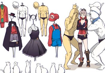 1girl abs animal animal_ears ascot asymmetrical_legwear azur_lane belt bird black_choker black_dress black_jacket black_shorts boots breasts brown_hair cape cat cat_ears choker cleavage cosplay crossed_arms dress full_body hat hatski.sin headless high_ponytail highres jacket jean_bart_(azur_lane) knee_boots lace-up_boots long_hair long_sleeves male_swimwear male_underwear manjuu_(azur_lane) meowfficer_(azur_lane) multiple_boys muscular overalls ponytail red_shirt shirt short_shorts shorts simple_background single_thighhigh standing striped_clothes striped_thighhighs swim_briefs thighhighs top_hat topless_male underwear uneven_legwear vertical-striped_clothes vertical-striped_thighhighs what white_background white_cat