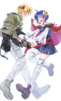Rule 34 | 19670615t, 1boy, 1girl, :d, ahoge, blue hair, blush, cape, claude c. kenny, crescent, crescent hair ornament, fingerless gloves, full body, gloves, gun, hair ornament, highres, holding hands, open mouth, pointy ears, red cape, rena lanford, short hair, simple background, smile, star ocean, star ocean: the second story, weapon, white background