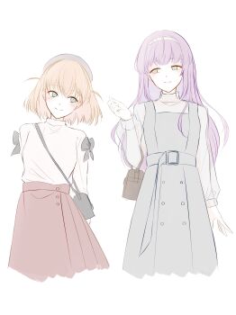 2girls absurdres bag beret black_bag black_bow black_hat bow buttons cerise_bouquet closed_mouth commentary cropped_legs double-breasted dress green_eyes grey_dress grey_sweater hairband handbag hat highres hinoshita_kaho hinoshita_kaho_(first_date) iwatou link!_like!_love_live! long_hair looking_at_another love_live! multiple_girls orange_hair otomune_kozue otomune_kozue_(first_date) pinafore_dress pleated_skirt purple_hair red_skirt sidelocks simple_background skirt sleeveless sleeveless_dress smile split_mouth sweater symbol-only_commentary turtleneck turtleneck_sweater two_side_up virtual_youtuber white_background white_hairband white_sweater