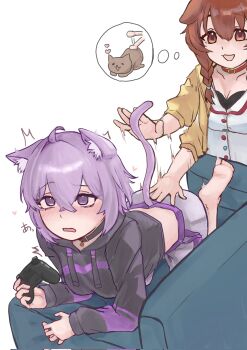 @_@ afterimage all_fours animal_ears black_hoodie braid brown_eyes brown_hair cat_ears cat_girl cat_tail commentary_request controller couch dog_girl dog_tail game_controller heart highres holding holding_controller holding_game_controller hololive hood hood_down hoodie inugami_korone inugami_korone_(1st_costume) jacket long_hair long_sleeves looking_at_another medium_hair nekomata_okayu nekomata_okayu_(1st_costume) on_couch open_clothes purple_eyes purple_hair shirt sinoporo_art smile spanking speech_bubble tail tail_raised thought_bubble virtual_youtuber white_shirt yellow_jacket