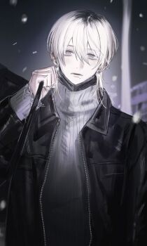 1boy bag black_jacket blonde_hair blurry blurry_background blush bright_pupils closed_mouth collared_jacket commentary earrings eyeshadow grey_eyes grey_sweater hair_between_eyes highres holding holding_bag jacket jewelry looking_at_viewer makeup male_focus medium_hair mole mole_under_mouth night open_clothes open_jacket original outdoors snowing solo st31010 sweater symbol-only_commentary toi_(st31010) torn_clothes torn_sweater unzipped upper_body white_pupils