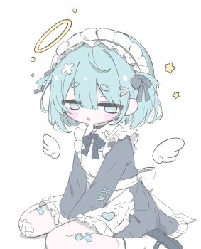 1girl :o @_@ angel apron aqua_eyes aqua_hair bandaid bandaid_on_leg between_legs black_bow black_bowtie black_choker black_shoes blush_stickers bow bowtie choker commentary_request detached_wings dress gauze_on_knee grey_dress hair_ornament hairclip halo hand_between_legs highres izumi_(yura_izumi) long_sleeves maid maid_headdress mini_wings original shoes short_eyebrows short_hair simple_background sitting socks solo star_(symbol) thick_eyebrows v_arms wariza white_apron white_background white_socks white_wings wings