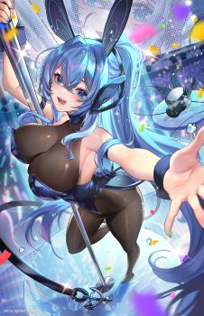 1girl anchor_ornament animal_ears artist_name azur_lane black_leotard black_pantyhose blue_eyes blue_hair blue_nails bodystocking breasts cleavage commentary confetti fake_animal_ears glowstick guitar hanh_chu high_heels highres instrument large_breasts leotard light_particles long_hair looking_at_viewer nail_polish new_jersey_(azur_lane) new_jersey_(exhilarating_steps!)_(azur_lane) official_alternate_costume outstretched_arm pantyhose playboy_bunny pole pole_dancing rabbit_ears screen see-through_cleavage see-through_clothes solo sparkle stage stage_lights stripper_pole thighs very_long_hair