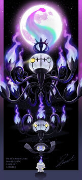 absurdres black_background blue_fire border chandelure character_name evolutionary_line fire full_moon gen_5_pokemon glowing glowing_eyes gradient_border highres lampent litwick mega_chandelure moon nintendo no_humans peace7322 pokemon pokemon_(creature) pokemon_focus purple_border revision signature yellow_eyes