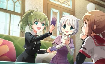 3girls :o ahoge anna_mel aqua_eyes artist_request azusa_mifuyu black_dress black_jacket black_sleeves brown_hair buttons card clapping collared_jacket collared_shirt couch cowboy_shot curious daito_academy_school_uniform day door dot_nose dress elbow_on_table eyelashes fingernails from_side game_cg glass_table green_hair hair_horns hand_on_own_cheek hand_on_own_face happy high-waist_skirt high_collar highres holding holding_card indoors jacket jewelry kamihama_university_affiliated_school_uniform layered_sleeves light_blush living_room long_hair long_sleeves looking_at_object magia_record:_mahou_shoujo_madoka_magica_gaiden mahou_shoujo_madoka_magica mahou_shoujo_madoka_magica_magia_exedra mizuna_girls&#039;_academy_school_uniform multiple_girls neck_ribbon official_art on_couch open_clothes open_jacket open_mouth orange_eyes pillow pleated_dress pointy_nose ponytail purple_dress red_ribbon red_sailor_collar red_skirt ribbon ring sailor_collar school_uniform shirt shirt_under_dress short_dress short_hair short_over_long_sleeves short_sleeves side_ponytail sitting skirt sleeves_past_wrists smile table tareme tarot tarot_card white_hair white_shirt window yui_tsuruno