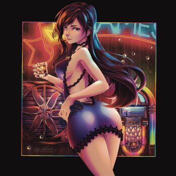 1girl alcohol backless_outfit blue_dress breasts brown_hair butt_crack choker cup dress drinking_glass earrings final_fantasy final_fantasy_vii formal_clothes from_behind highres holding holding_cup jewelry jj_quinn long_hair looking_back low_ponytail medium_breasts ponytail purple_dress red_eyes ribbon_choker short_dress sideboob sleeveless sleeveless_dress teardrop_earring teardrop_earrings tifa_lockhart tifa_lockhart_(refined_dress) tipsy