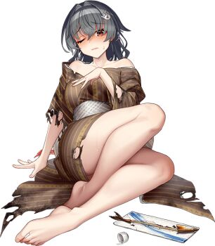 1girl akasaka_yuzu barefoot black_hair blush fish hair_ornament hairclip japanese_clothes jingei_(kancolle) jingei_(saury_festival)_(kancolle) kantai_collection kimono official_alternate_costume official_art one_eye_closed red_eyes saury striped_clothes striped_kimono torn_clothes torn_kimono transparent_background tray vertical-striped_clothes vertical-striped_kimono whale_hair_ornament