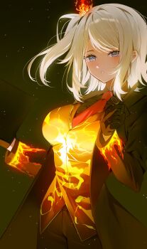 1girl absurdres ardor_blossom_star_(e.g.o) black_gloves black_pants black_shirt blue_eyes breasts collared_shirt e.g.o_(project_moon) faust_(project_moon) gloves hi_i_dubu highres large_breasts lce_(identity)_(project_moon) limbus_company medium_hair necktie orange_vest pants parted_lips project_moon red_necktie shirt side_ponytail solo vest white_hair