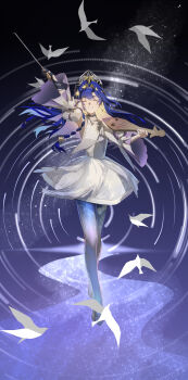 1girl ^_^ absurdres arm_up bird black_gloves blonde_hair blue_hair bow_(music) closed_eyes colored_inner_hair crossed_legs detached_sleeves dress facing_viewer floating_hair full_body gloves gradient_hair grin gudok hair_intakes hair_ornament highres holding holding_bow_(music) holding_instrument instrument juliet_sleeves kokoshnik long_hair long_sleeves milky_way multicolored_hair official_alternate_costume pantyhose print_pantyhose puffy_sleeves purple_hair ranla reverse:1999 short_dress single_glove smile solo standing star_(sky) star_(symbol) star_hair_ornament star_trail starry_sky_background starry_sky_print teeth very_long_hair voyager_(choir_of_the_stars)_(reverse:1999) voyager_(reverse:1999) white_bird white_dress wide_sleeves