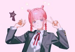 Rule 34 | 1girl, blazer, blunt bangs, braid, collared shirt, grey jacket, grin, hand up, highres, jacket, long hair, long sleeves, looking at viewer, neck ribbon, original, pink background, pink hair, red ribbon, ribbon, ryuuforkaf, shirt, simple background, smile, solo, twintails, upper body, v, white shirt