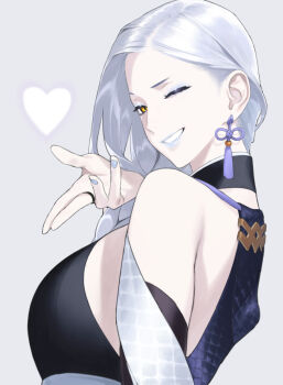 1girl blowing_kiss breasts commentary_request earrings fate/grand_order fate_(series) from_side grey_background grey_hair grey_nails heart hebi_nyoubou_(fate) jewelry large_breasts long_hair nakuta official_artist_extra one_eye_closed scale_print smile tassel tassel_earrings yellow_eyes