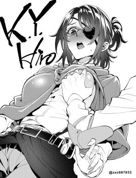 1boy 1girl artist_name belt blush breasts collared_shirt eyepatch glasses grabbing_another&#039;s_breast groping hange_zoe highres large_breasts long_sleeves open_mouth pants ponytail shingeki_no_kyojin shirt short_ponytail simple_background solo solo_focus twitter_username white_background white_shirt yukihiro_(kimizora)