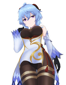 1girl absurdres bare_shoulders bell black_bodysuit black_gloves black_pantyhose blue_hair bodice bodysuit breasts closed_mouth cowbell detached_sleeves ganyu_(genshin_impact) genshin_impact gloves goat_horns hair_between_eyes highres horns humugo jewelry long_hair looking_at_viewer low_angle medium_breasts neck_bell pantyhose pov purple_eyes simple_background solo thighlet thighs vision_(genshin_impact) white_background