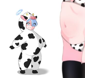 Rule 34 | 2girls, alternate costume, animal print, arona (blue archive), bikini, blue archive, blue hair, cow print, cow print bikini, gaburiru13, looking at another, looking at viewer, multiple girls, plana (blue archive), print bikini, simple background, standing, swimsuit, white background
