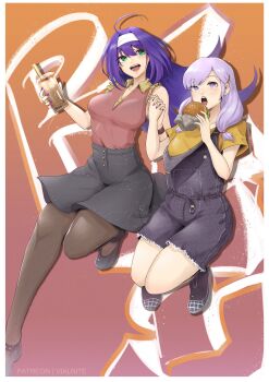 2girls breasts contemporary fire_emblem green_eyes highres ilyana_(fire_emblem) medium_breasts mia_(fire_emblem) multiple_girls nail_polish nintendo open_mouth pantyhose purple_eyes purple_hair purple_nails vialnite