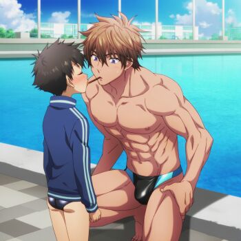 2boys age_difference black_hair blue_jacket blush brown_hair closed_eyes day food food_in_mouth jacket looking_at_another male_focus male_swimwear multiple_boys pocky pocky_in_mouth pocky_kiss pool poolside purple_eyes shared_food shota swim_briefs topless_male underwear yaoi