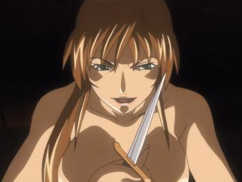 00s 2007 animated animated_gif anime_screenshot bible_black bible_black_new_testament bouncing_breasts breasts brown_hair cum cum_on_body cum_on_breasts cum_on_upper_body earrings green_eyes high_ponytail imari_kurumi jewelry knife large_breasts lipstick long_hair makeup nipples open_mouth ponytail shin_bible_black side_ponytail tagme