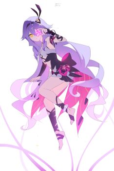 1girl absurdres anklet arm_garter arm_wrap asymmetrical_gloves back_bow baiser3rd bare_shoulders barefoot black_hairband bow breasts character_name clothing_cutout dated detached_sleeves dot_nose dress from_side full_body gloves hair_between_eyes hair_flaps hair_ornament hairband highres holding holding_star honkai_(series) honkai_impact_3rd jewelry leg_wrap long_hair looking_at_viewer magical_girl navel navel_cutout pink_trim purple_dress purple_hair purple_sleeves simple_background sirin sirin_(miracle_magical_girl) small_breasts solo star_(symbol) symbol-shaped_pupils very_long_hair white_background x-shaped_pupils yellow_eyes