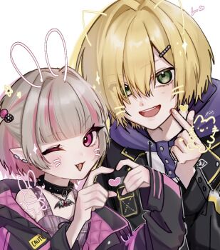Rule 34 | 1boy, 1girl, bat necklace, black jacket, blonde hair, blunt bangs, brown hair, choker, drawn ears, drawn whiskers, earrings, fang, finger heart, green eyes, hair between eyes, hair intakes, hair ornament, hairclip, heart, heart hands, hood, hood down, hoodie, jacket, jewelry, makaino ririmu, makaino ririmu (6th costume), multicolored hair, nijisanji, official alternate costume, pink eyes, pointy ears, short hair, simple background, streaked hair, upper body, uzuki kou, uzuki kou (5th costume), virtual youtuber, white background, yano (yanosan 88)