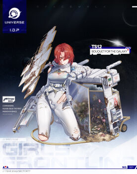 1girl belt blood blood_on_face bodysuit breasts broken_glass bug bullpup butterfly cleavage covered_navel cuts dirt english_text flower girls&#039;_frontline glass gun highres holding holding_gun holding_weapon injury insect knee_pads kneeling large_breasts official_art plant red_eyes red_hair see-through_clothes shield_module single_knee_pad solar_panel spacesuit star_(sky) torn_bodysuit torn_clothes ts12_(bouquet_for_the_galaxy)_(girls&#039;_frontline) ts12_(girls&#039;_frontline) weapon white_bodysuit