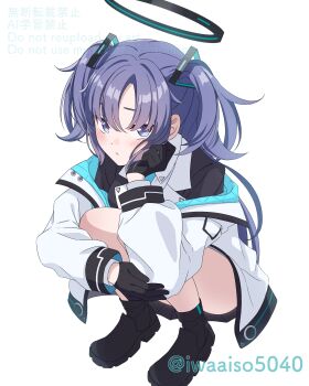 1girl :/ absurdres black_gloves black_halo black_shoes black_suit blue_archive blue_eyes blush closed_mouth commentary convenient_leg eyebrows_hidden_by_hair formal_clothes frown full_body gloves hair_between_eyes hair_ornament halo hand_on_own_cheek hand_on_own_face hand_up highres hugging_own_legs iwaaiso5040 jacket long_hair long_sleeves looking_at_viewer mechanical_halo open_clothes open_jacket puffy_long_sleeves puffy_sleeves purple_hair red_pupils school_uniform shoes slit_pupils solo squatting suit triangle_hair_ornament twitter_username two_side_up very_long_hair watermark white_jacket yuuka_(blue_archive)