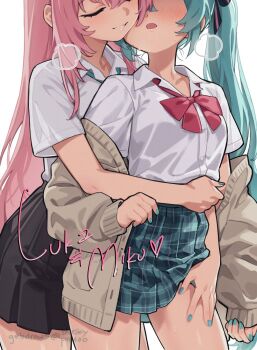 2girls aqua_hair aqua_nails aqua_necktie aqua_skirt black_skirt bow bowtie cardigan character_name closed_eyes collarbone double-parted_bangs dress_shirt fingernails ge-b grey_cardigan hand_on_another&#039;s_thigh hatsune_miku highres hug hug_from_behind long_hair megurine_luka multiple_girls nail_polish necktie open_cardigan open_clothes pink_hair plaid_clothes plaid_skirt pleated_skirt red_bow red_bowtie school_uniform shirt shirt_tucked_in short_sleeves skirt twintails vocaloid white_background white_shirt yuri
