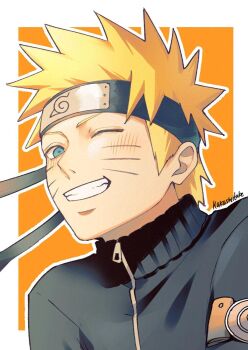 1boy black_jacket blonde_hair blue_eyes border commentary english_commentary facial_mark forehead_protector grin highres jacket kakashiitake konohagakure_symbol male_focus naruto_(series) naruto_shippuuden one_eye_closed outside_border portrait short_hair sideburns smile solo spiked_hair teeth twitter_username uzumaki_naruto whisker_markings white_border zipper zipper_pull_tab