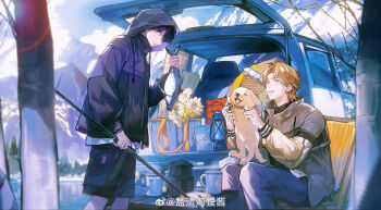 2boys absurdres animal black_jacket black_shorts blonde_hair branch bucket camping car commentary_request cup day dog drawstring fish flower fushimi_gaku highres holding holding_animal holding_fish hood hood_up hooded_jacket jacket kenmochi_touya lantern long_sleeves looking_at_another male_focus mole mole_under_eye motor_vehicle mountain multiple_boys nijisanji outdoors purple_hair short_hair shorts tsuta1218 virtual_youtuber watermark weibo_watermark