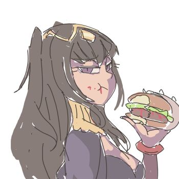 black_hair burger davewaterfalls eating fire_emblem fire_emblem_awakening food food_on_face long_hair looking_at_viewer nintendo purple_eyes simple_background tharja_(fire_emblem)