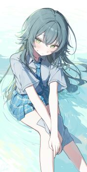 1girl :/ bare_legs blush breasts closed_mouth collared_shirt commentary_request feet_out_of_frame gakuen_idolmaster green_eyes green_hair green_necktie green_skirt grey_shirt hair_flaps highres holding_cloth idolmaster long_hair looking_at_viewer necktie ningen_mame plaid_clothes plaid_necktie plaid_skirt pleated_skirt ripples school_uniform shirt short_sleeves sitting skirt solo sweatdrop tsukimura_temari very_long_hair water