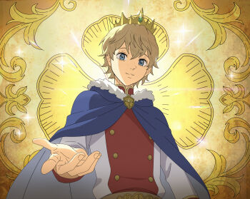 Rule 34 | 1boy, absurdres, black clover, black clover m: rise of the wizard king, blonde hair, blue cape, blue eyes, cape, crown, highres, looking at viewer, lumiere silvamillion clover, non-web source, official art, red shirt, shirt, short hair, solo, two-sided cape, two-sided fabric, two-tone shirt, white cape, white shirt